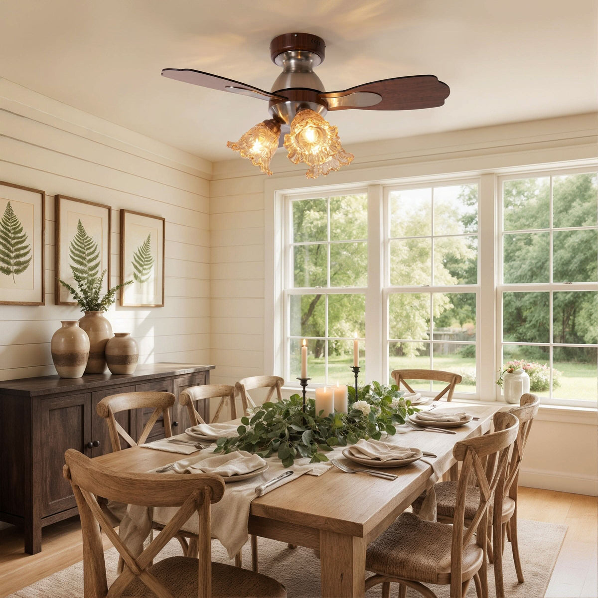 36 inch reversible ceiling fan with LED light in a neutral lounge setting
