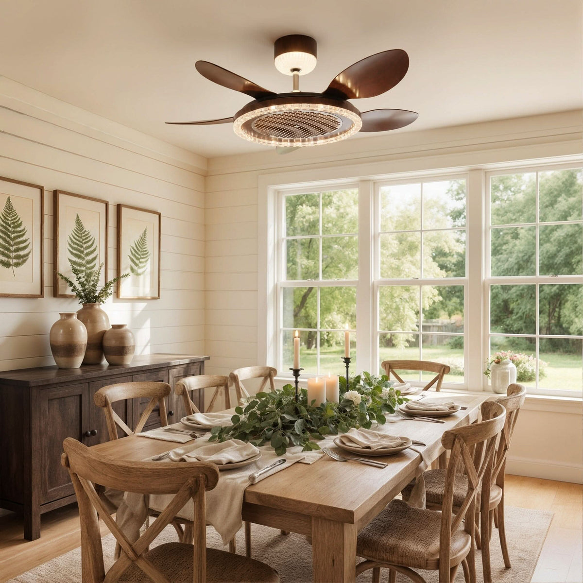 48 inch reversible ceiling fan with LED light in a neutral lounge setting