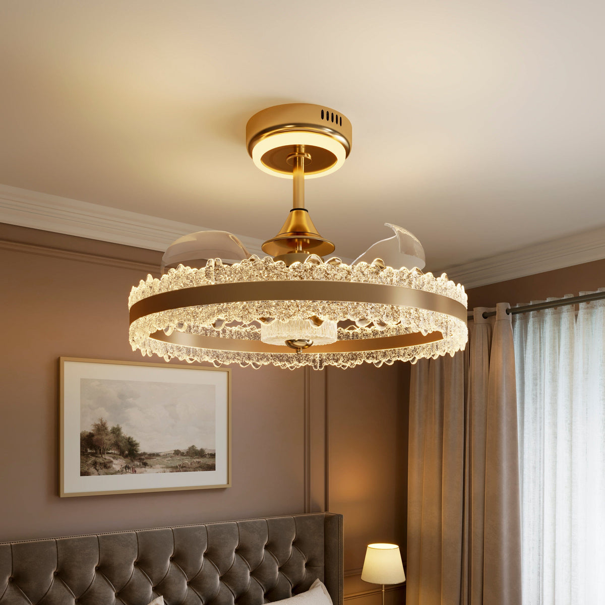 Gold crystal ceiling fan light installed above a calm modern bedroom corner