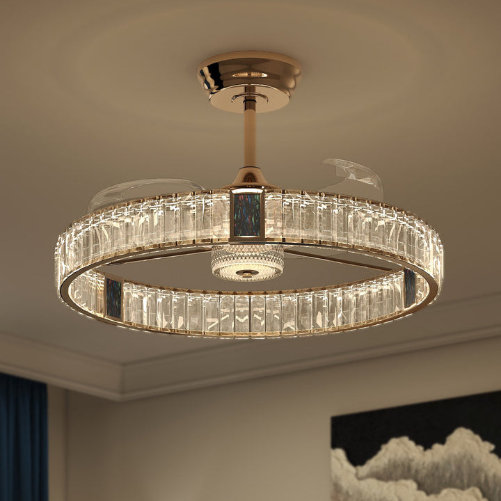 Quiet gold crystal ceiling fan with light, remote control and 6-speed airflow