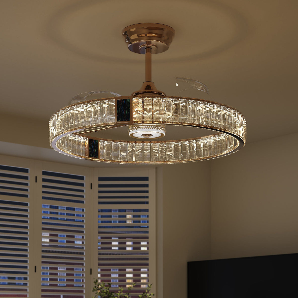 Compact 60cm gold crystal fan light with remote control and LED lighting