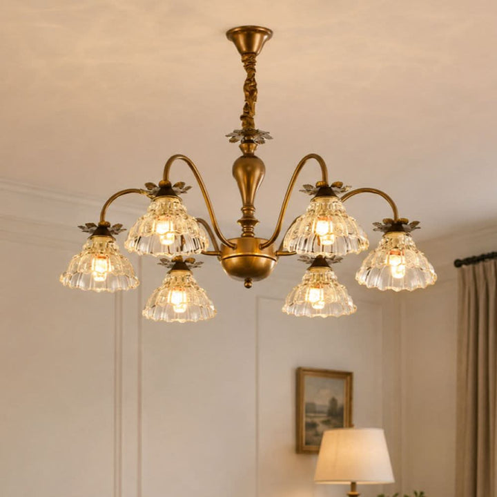 gold 6-light floral glass chandelier shown as a clean product view