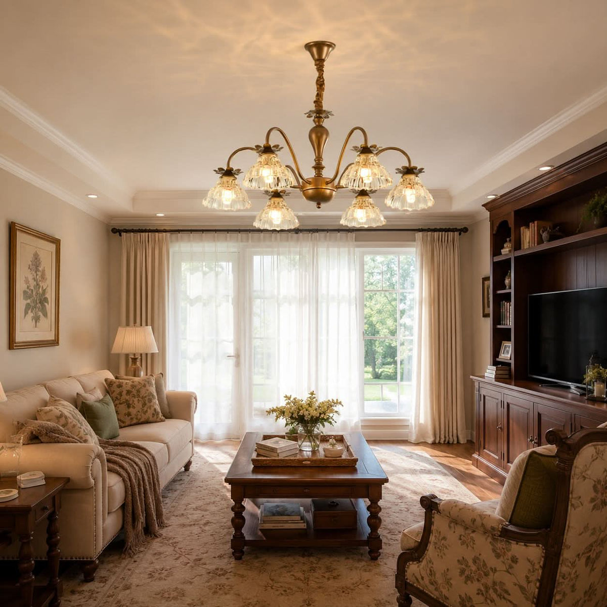 gold 6-light floral glass chandelier adding soft light to a bedroom