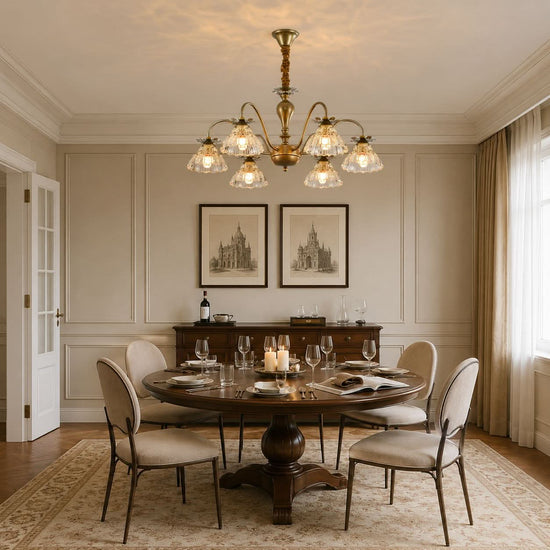 gold 6-light floral glass chandelier shown as a clean product view
