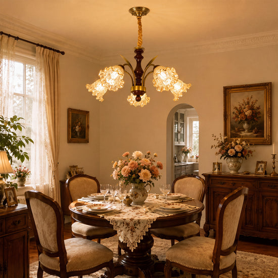 5-light copper chandelier with flower glass shades in an elegant lounge setting