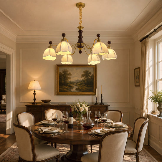 6-light chandelier with yellow fabric shades shown as a clean product view