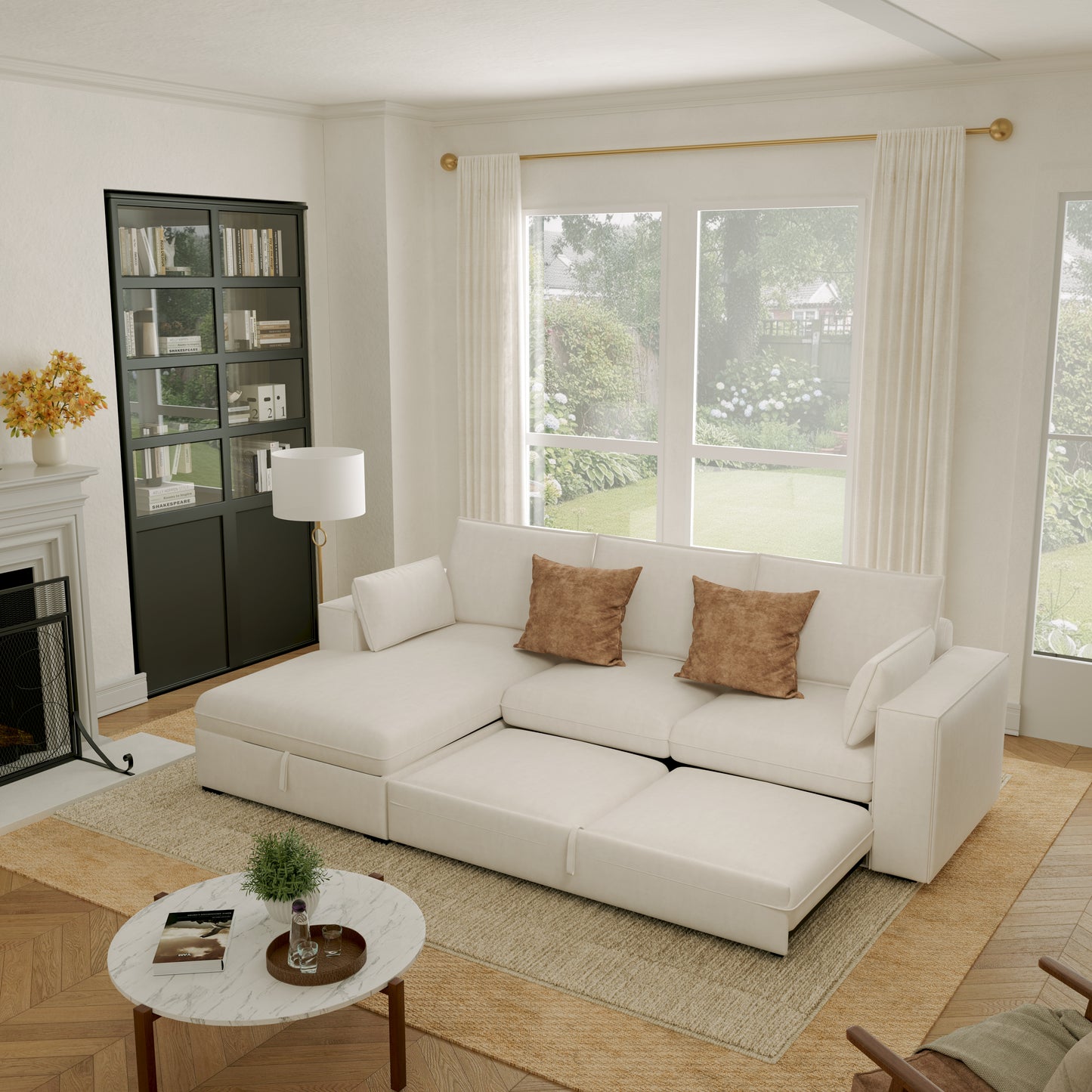 Creamy Tofu Block Pullout Sofa Bed with Storage