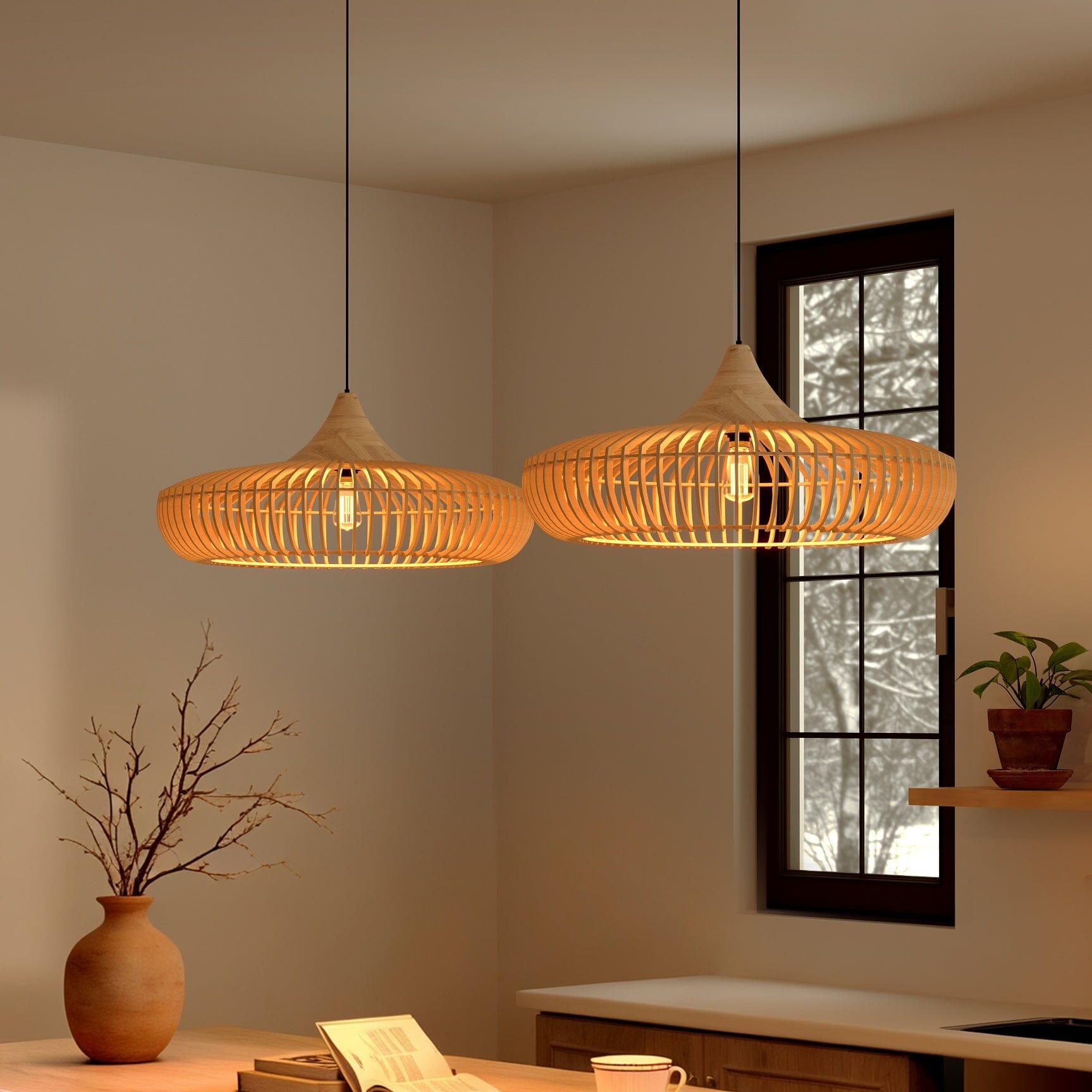 Lightsin Shadome-Lightsin Handcrafted Wooden Kitchen Pendant Light Fixtures Lightsin UK Dia 43cm 2 Unit