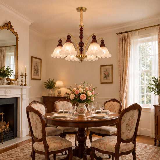 6-light chandelier with white glass shades in an elegant lounge setting