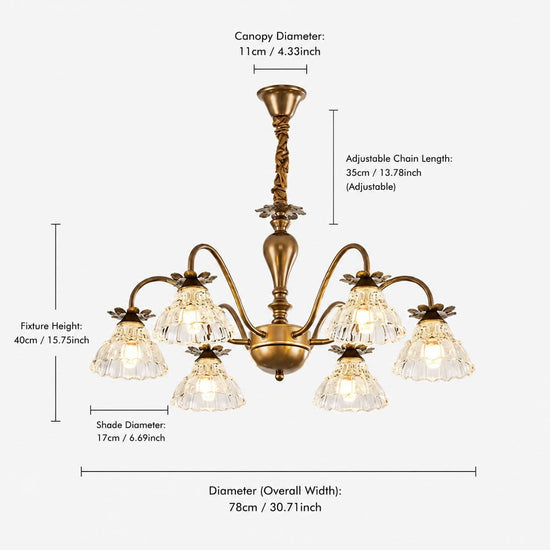 gold 6-light floral glass chandelier with a clear size guide