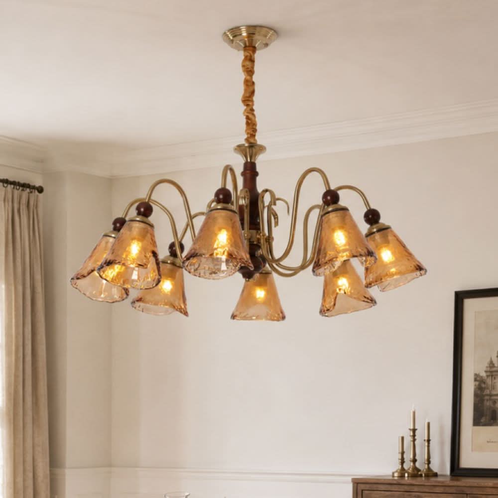 8-light walnut chandelier with amber cut glass shades shown as a clean product view