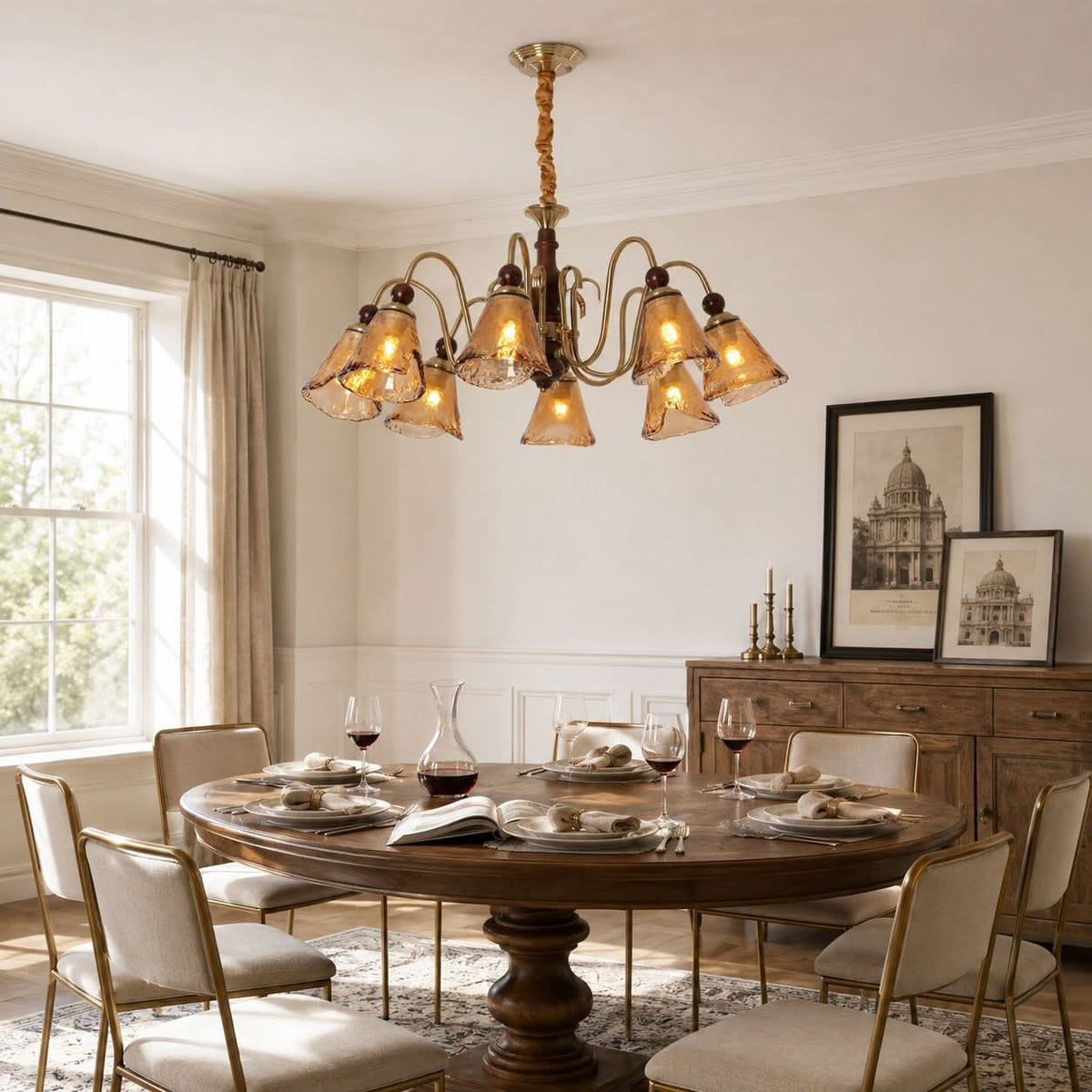8-light walnut chandelier with amber cut glass shades styled in a warm living room