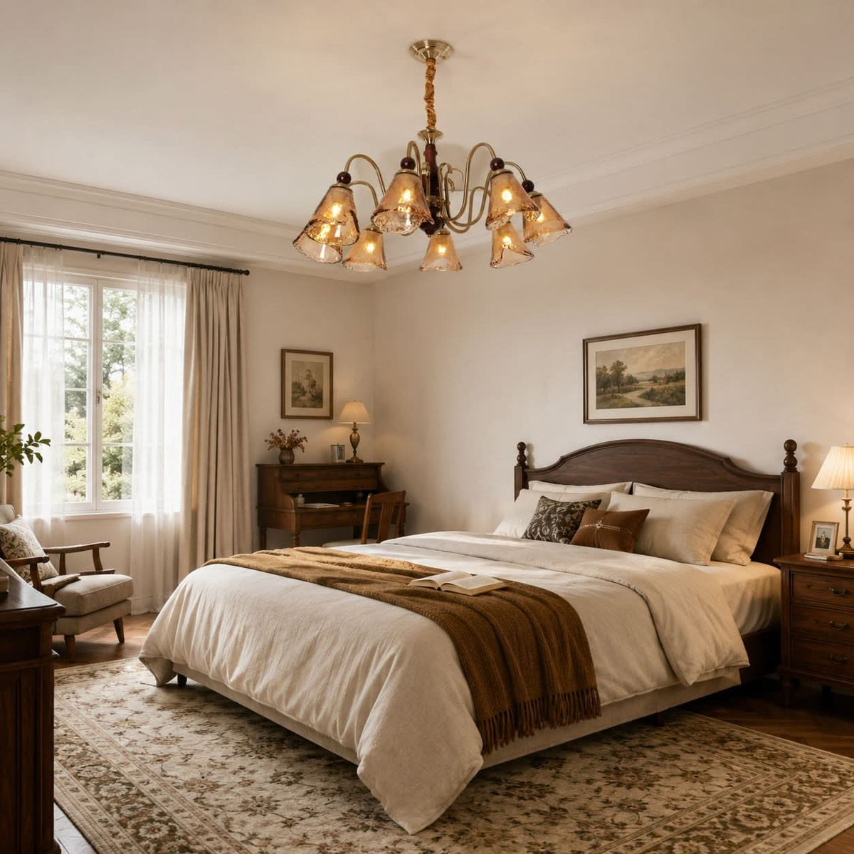 8-light walnut chandelier with amber cut glass shades adding soft light to a bedroom