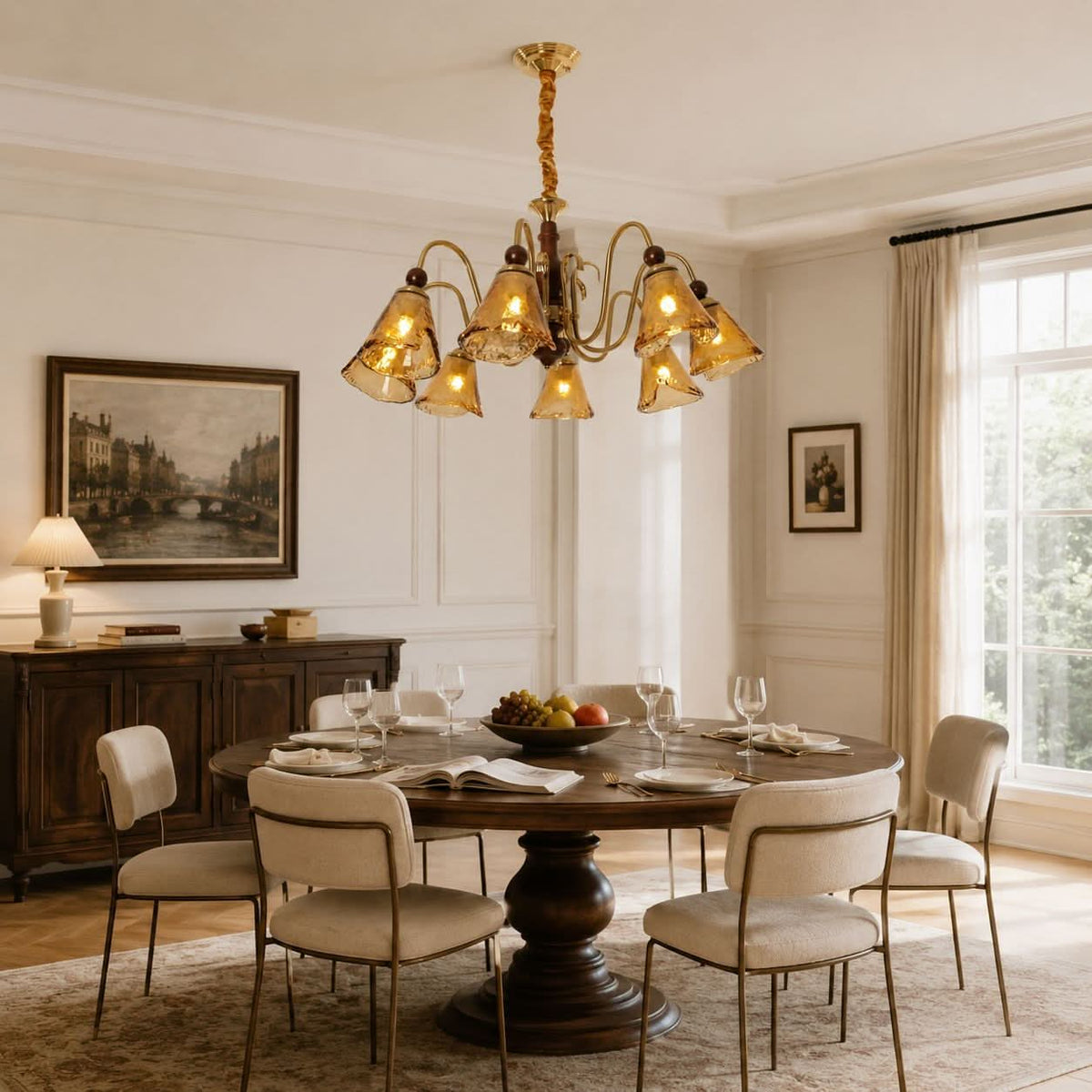 8-light walnut chandelier with amber cut glass shades shown as a clean product view