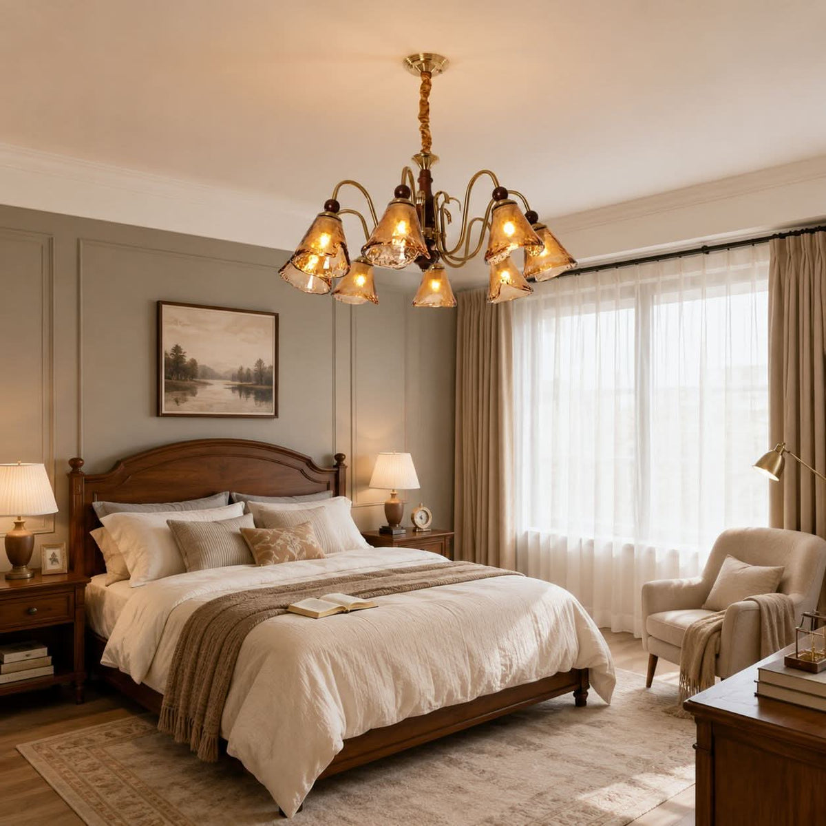 8-light walnut chandelier with amber cut glass shades with canopy and shade details