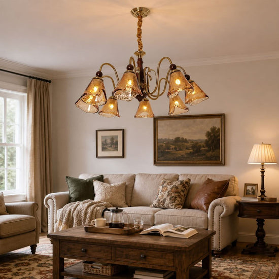 8-light walnut chandelier with amber cut glass shades shown as a clean product view