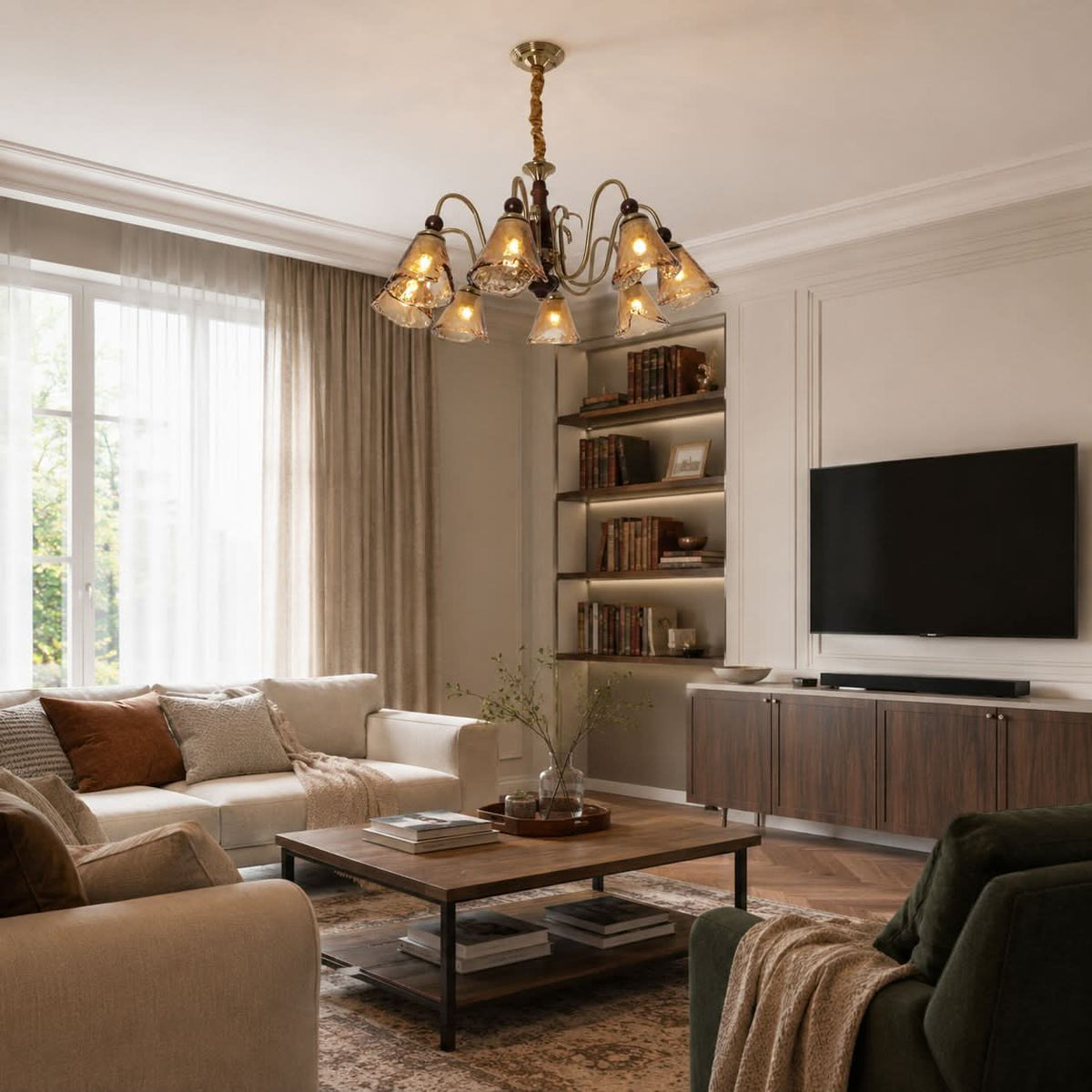 8-light walnut chandelier with amber cut glass shades with canopy and shade details