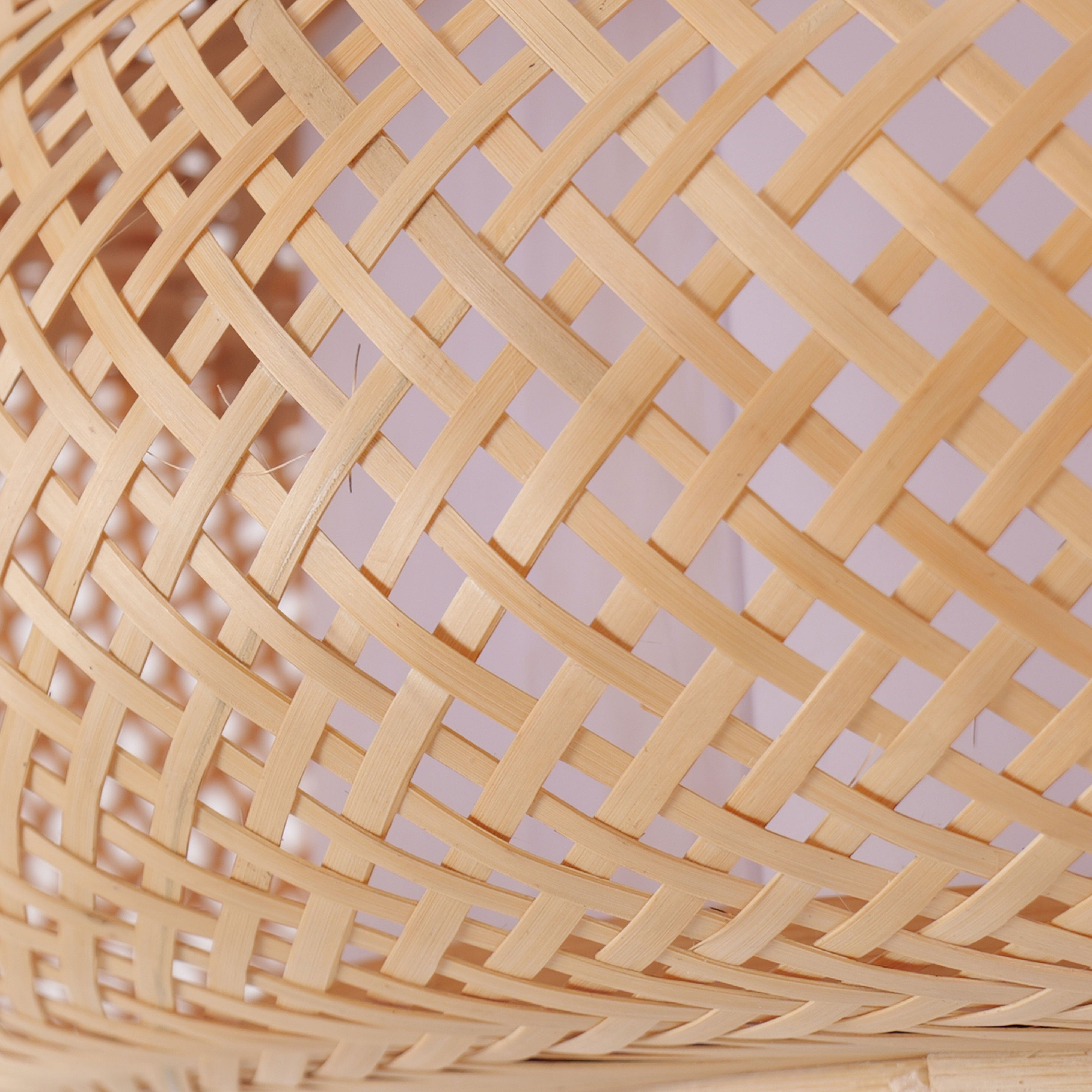 close-up of handwoven bamboo pendant shade pattern