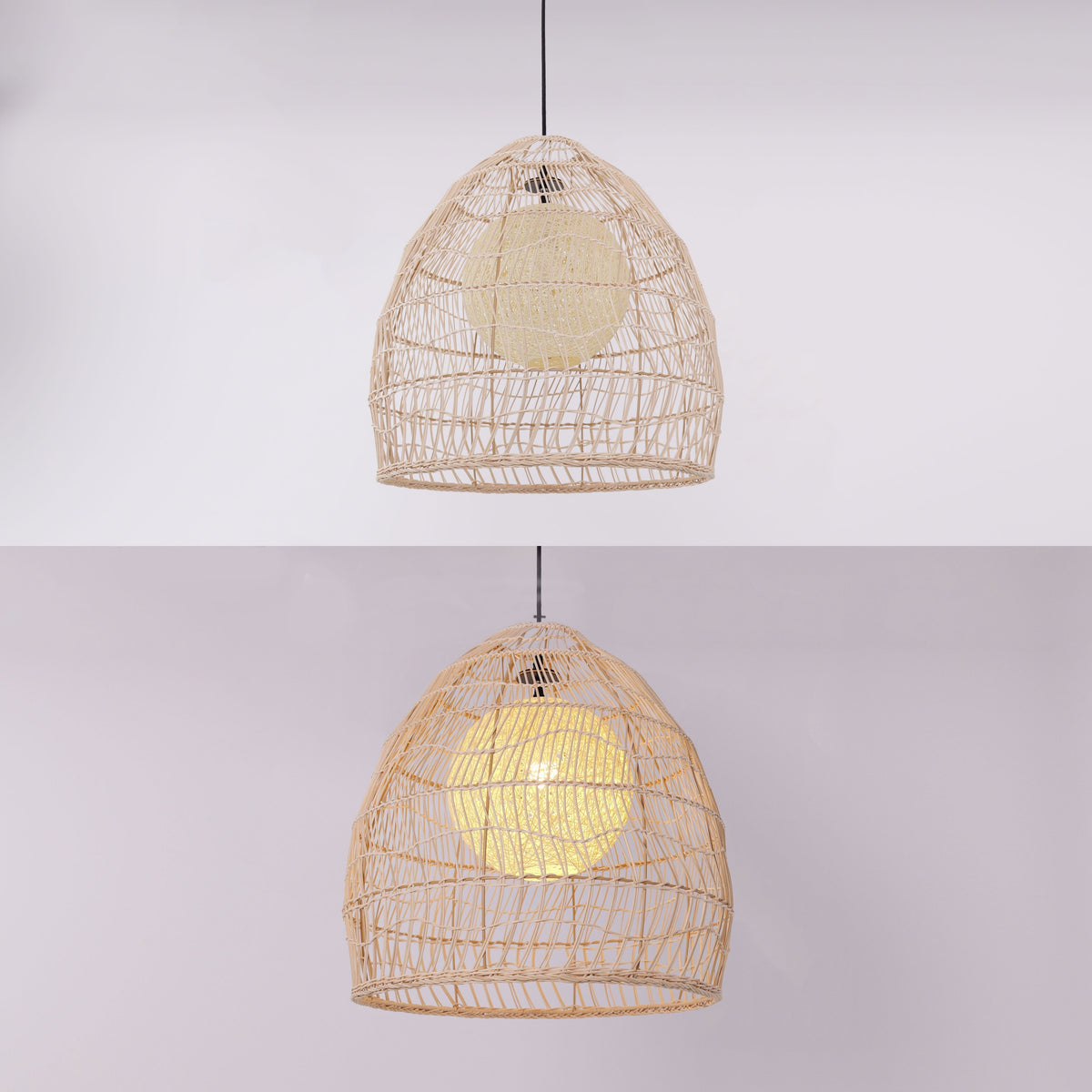 Rattan pendant light comparison with and without the yellow inner sphere