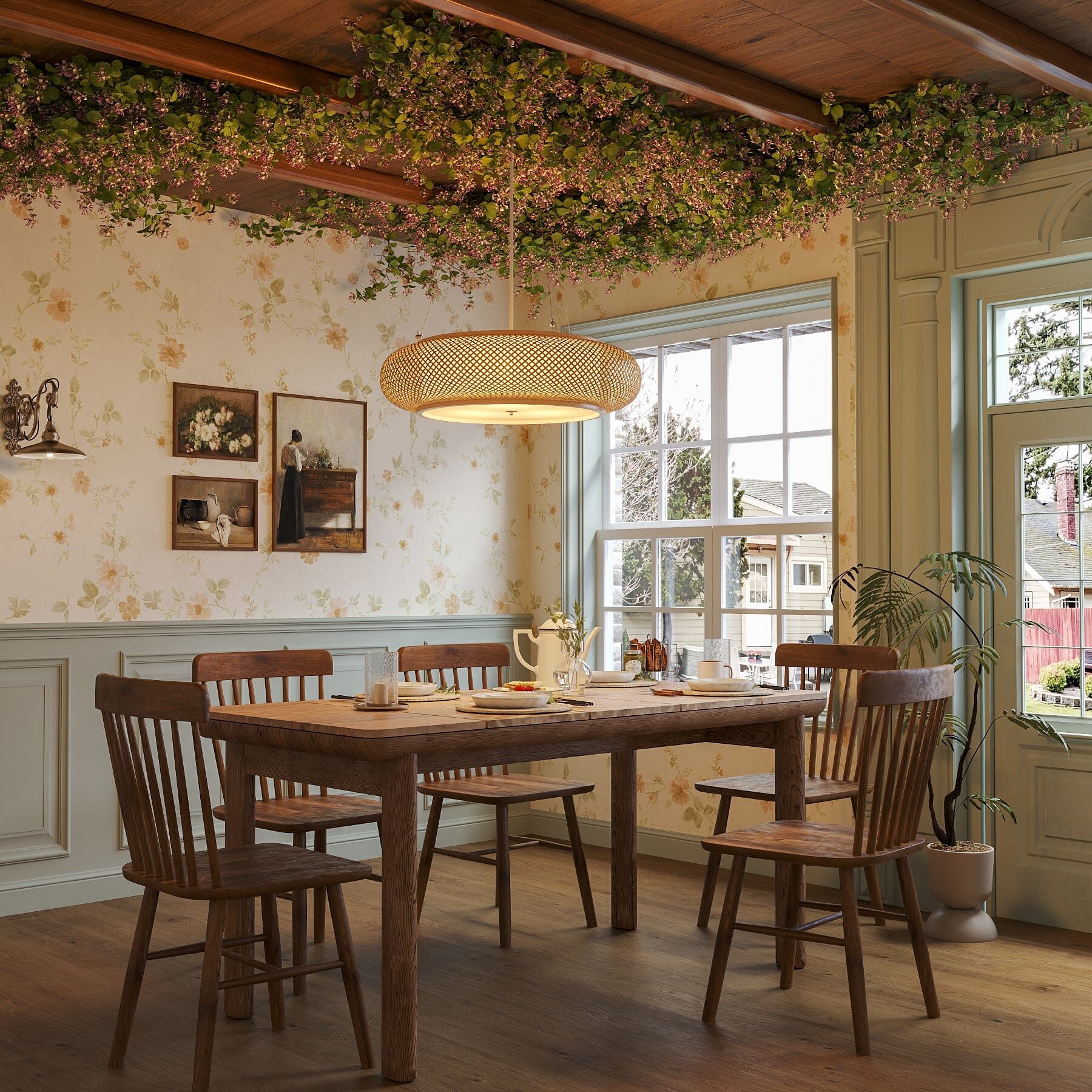 handwoven bamboo pendant light in a bright dining room