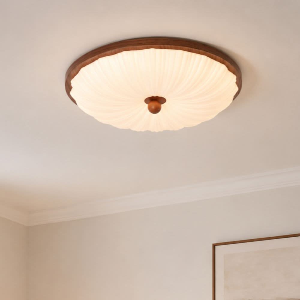 walnut scalloped acrylic ceiling light shown as a clean product view