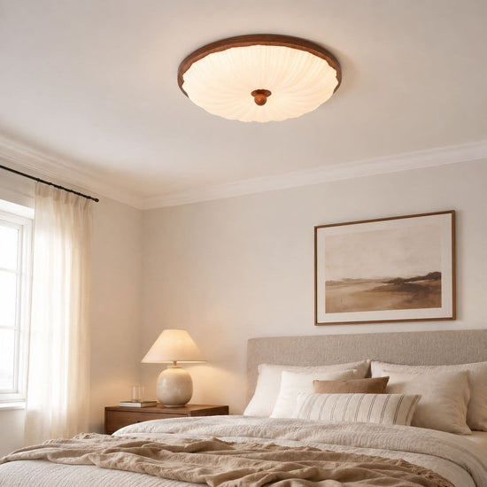 walnut scalloped acrylic ceiling light in a hallway with neat flush fit