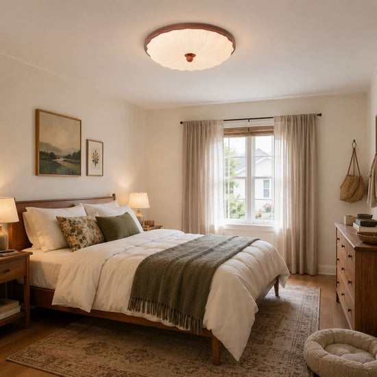 walnut scalloped acrylic ceiling light shown as a clean product view