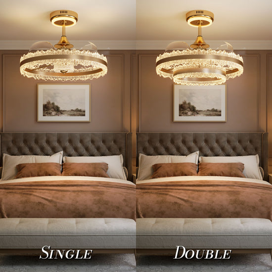 Single and double gold crystal ceiling fan light options shown above beds