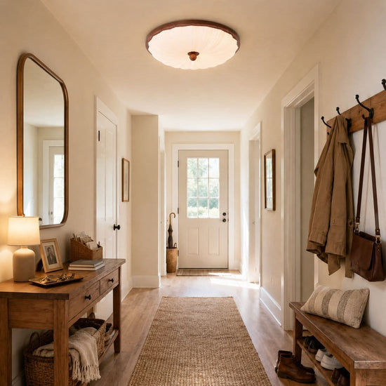 walnut scalloped acrylic ceiling light in a soft neutral room setting