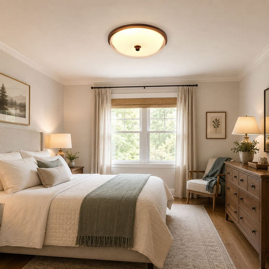 walnut ribbed acrylic ceiling light in a soft neutral room setting