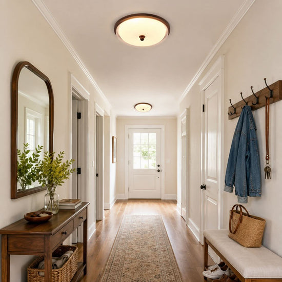walnut ribbed acrylic ceiling light mounted close to the ceiling