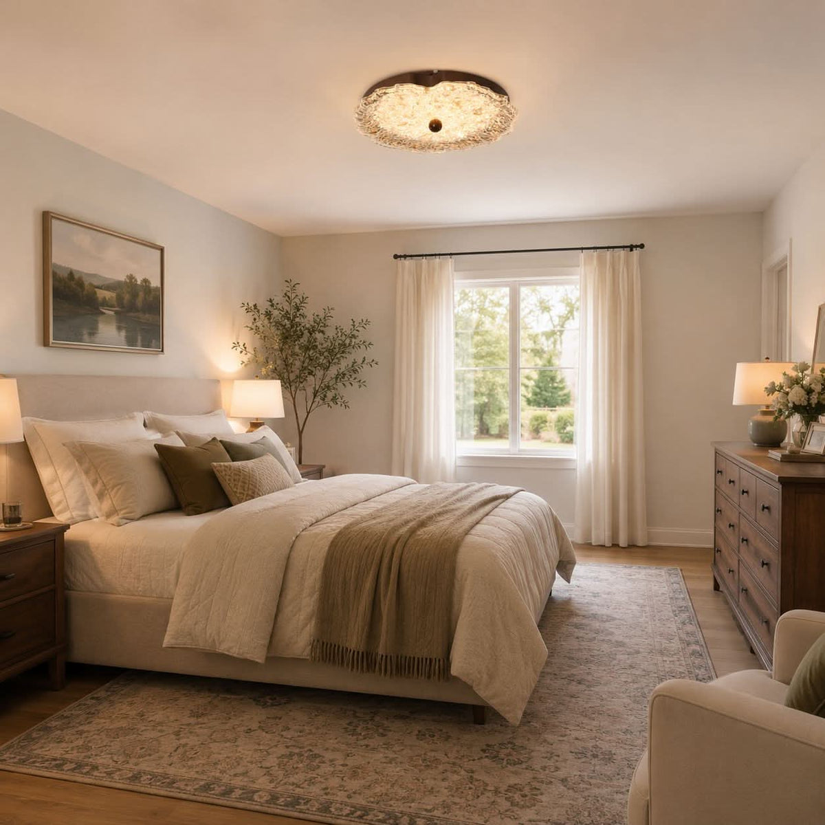 walnut ripple acrylic ceiling light shown as a clean product view