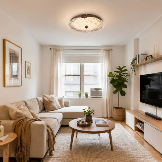 walnut ripple acrylic ceiling light with shade texture and trim detail