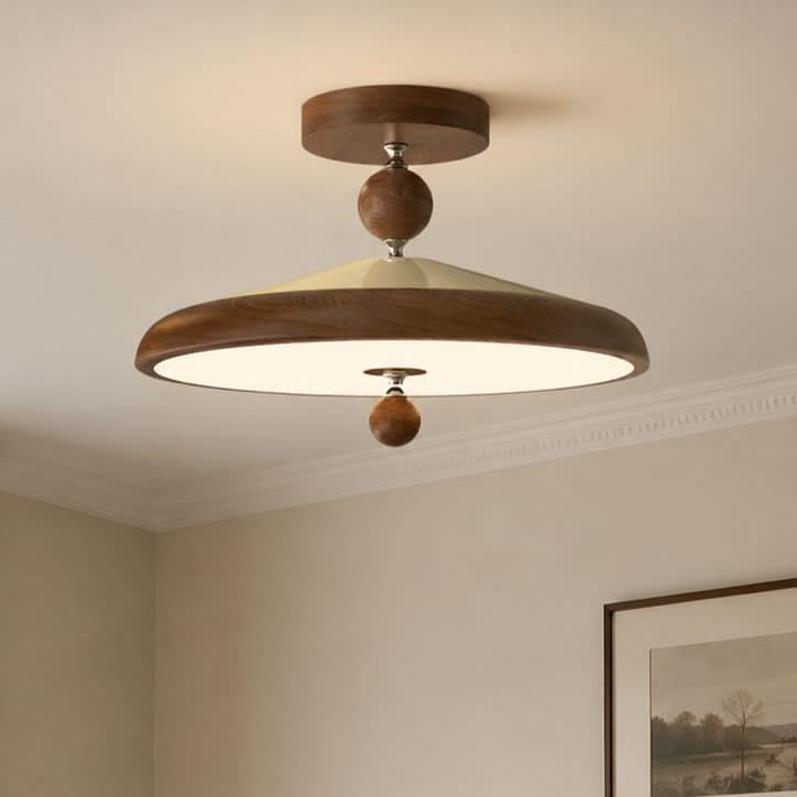 walnut two-globe flush ceiling light shown as a clean product view
