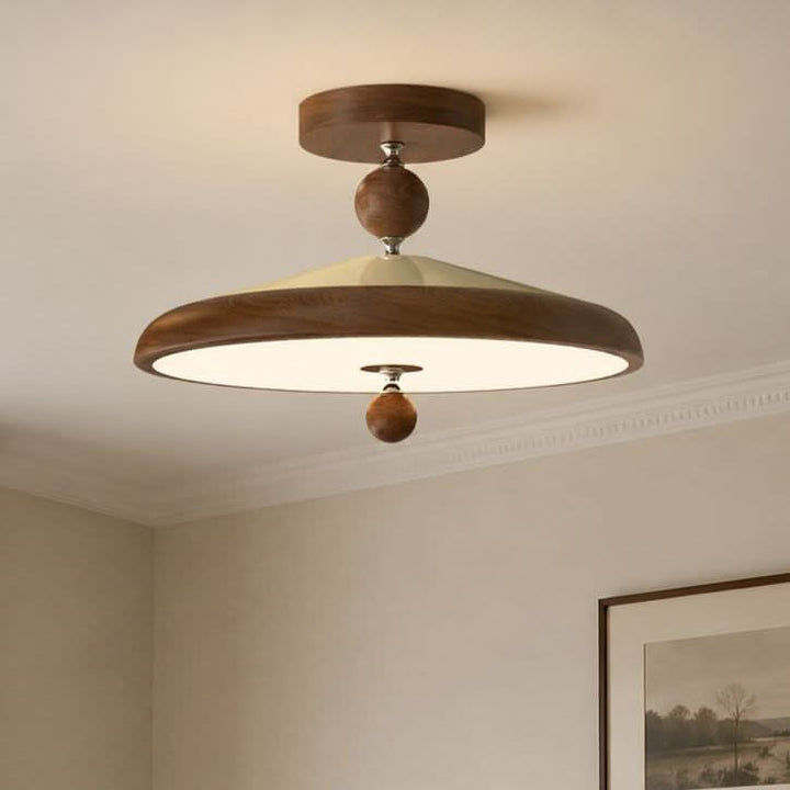 walnut two-globe flush ceiling light shown as a clean product view