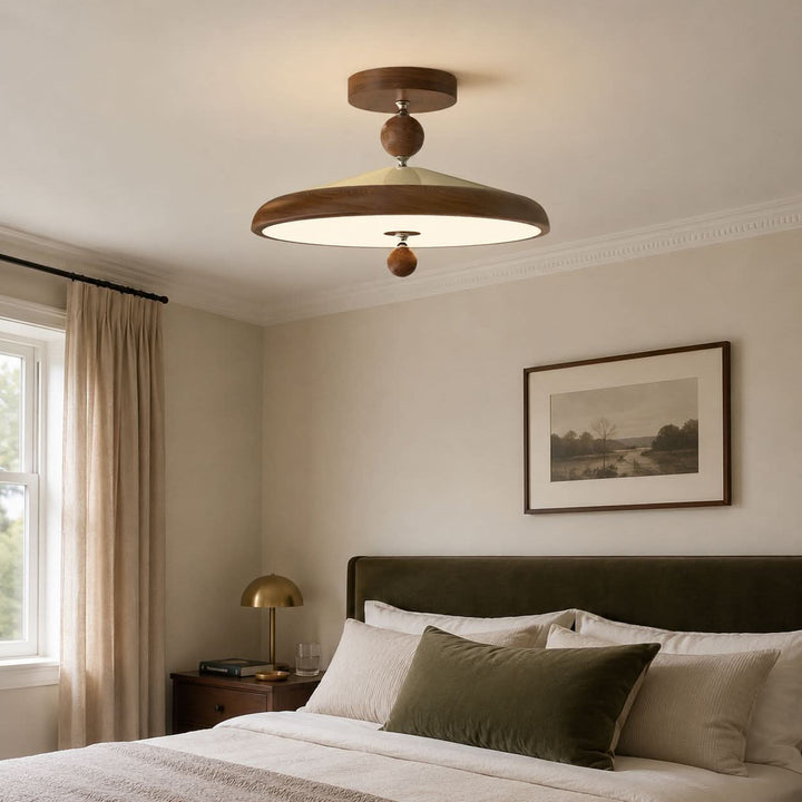 walnut two-globe flush ceiling light adding warm light to a bedroom