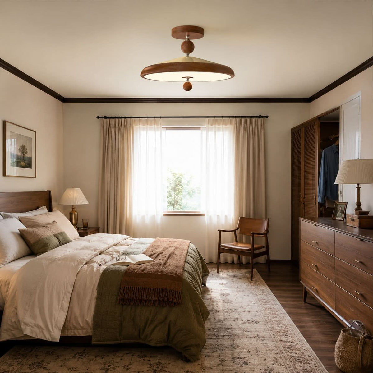 walnut two-globe flush ceiling light brightening a living room