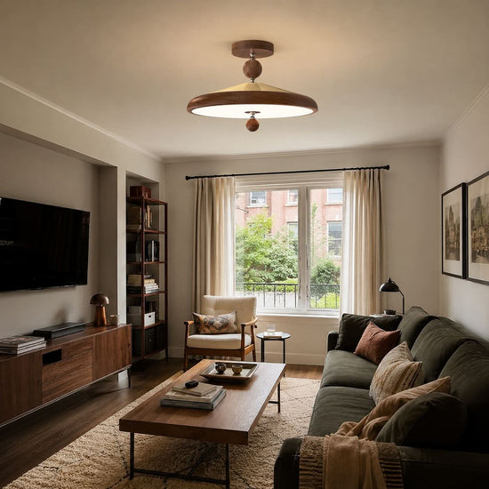 walnut two-globe flush ceiling light in a hallway with neat flush fit