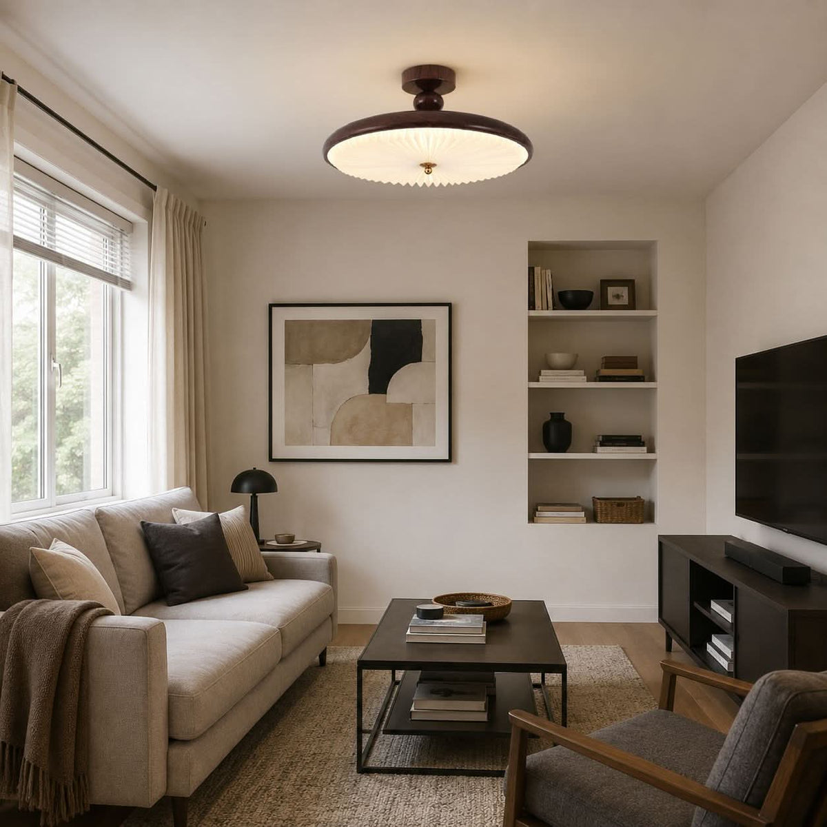 walnut pleated flush ceiling light brightening a living room