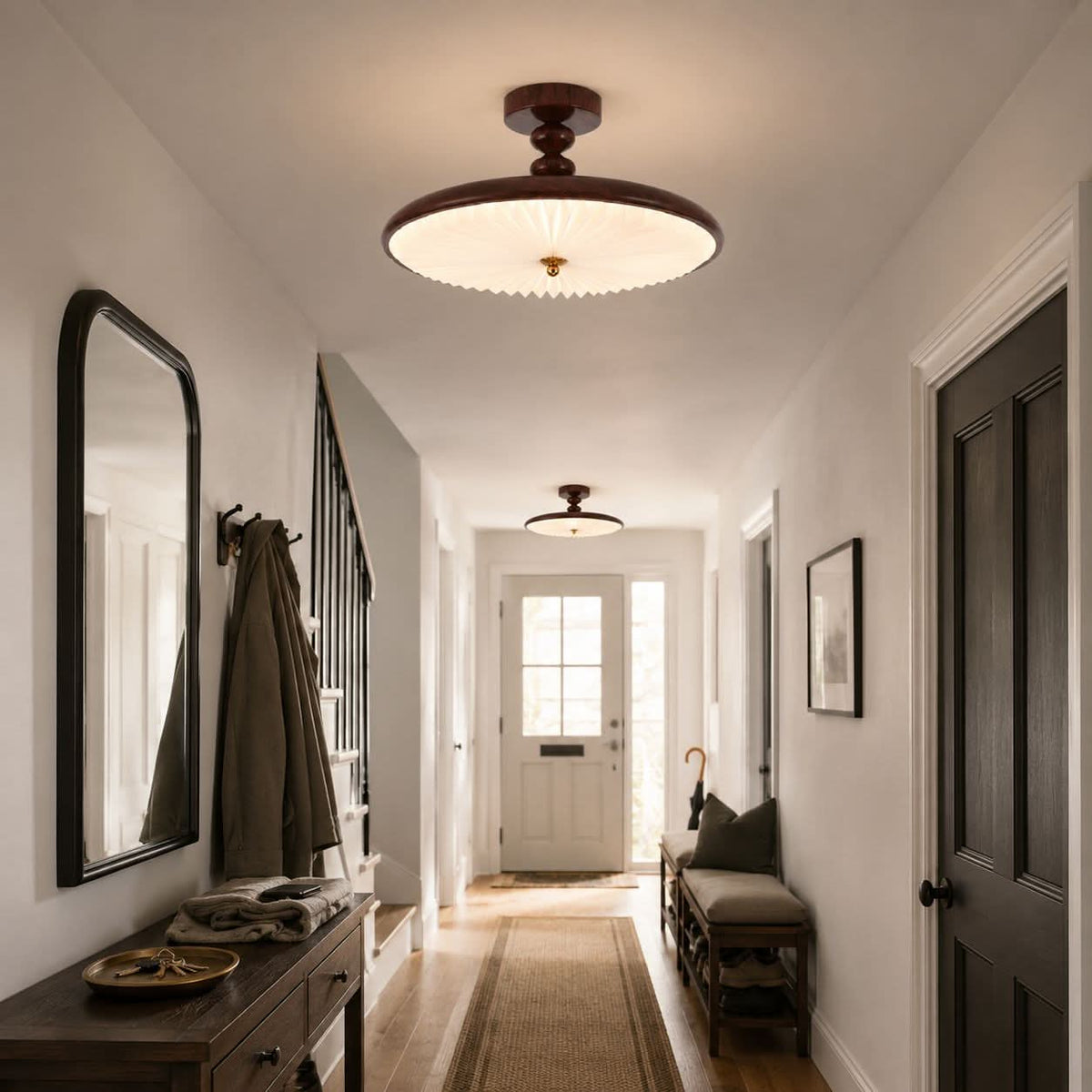 walnut pleated flush ceiling light in a hallway with neat flush fit
