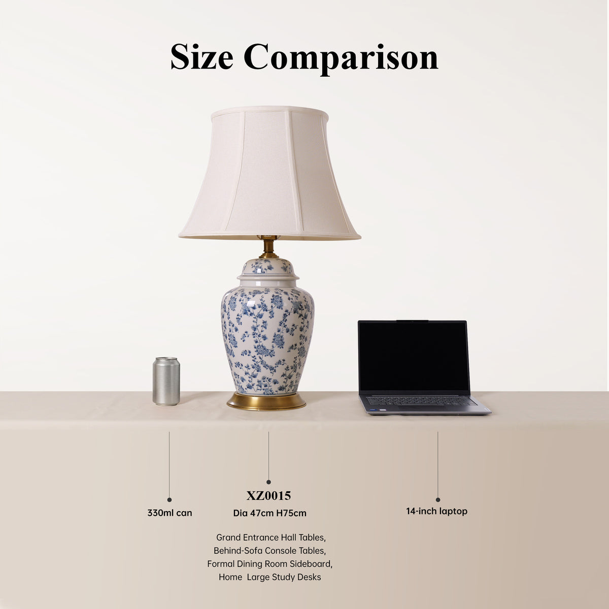 blue floral ceramic table lamp size comparison beside a mug and laptop