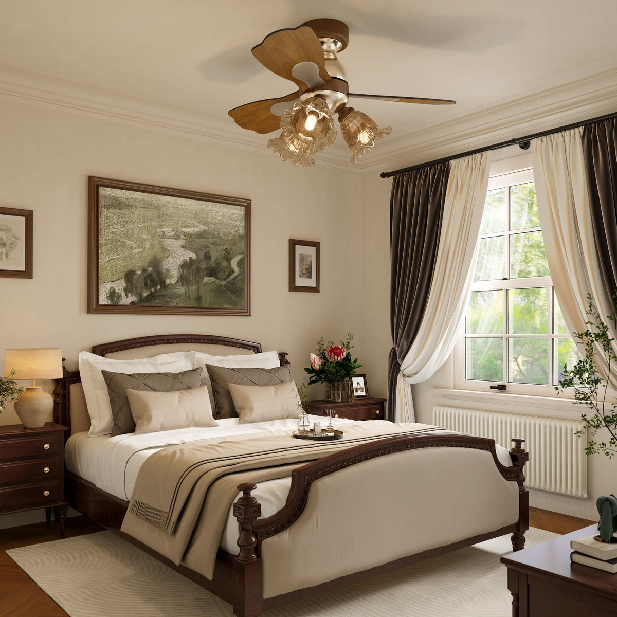 36 inch reversible ceiling fan with LED light with a compact motor and blade detail