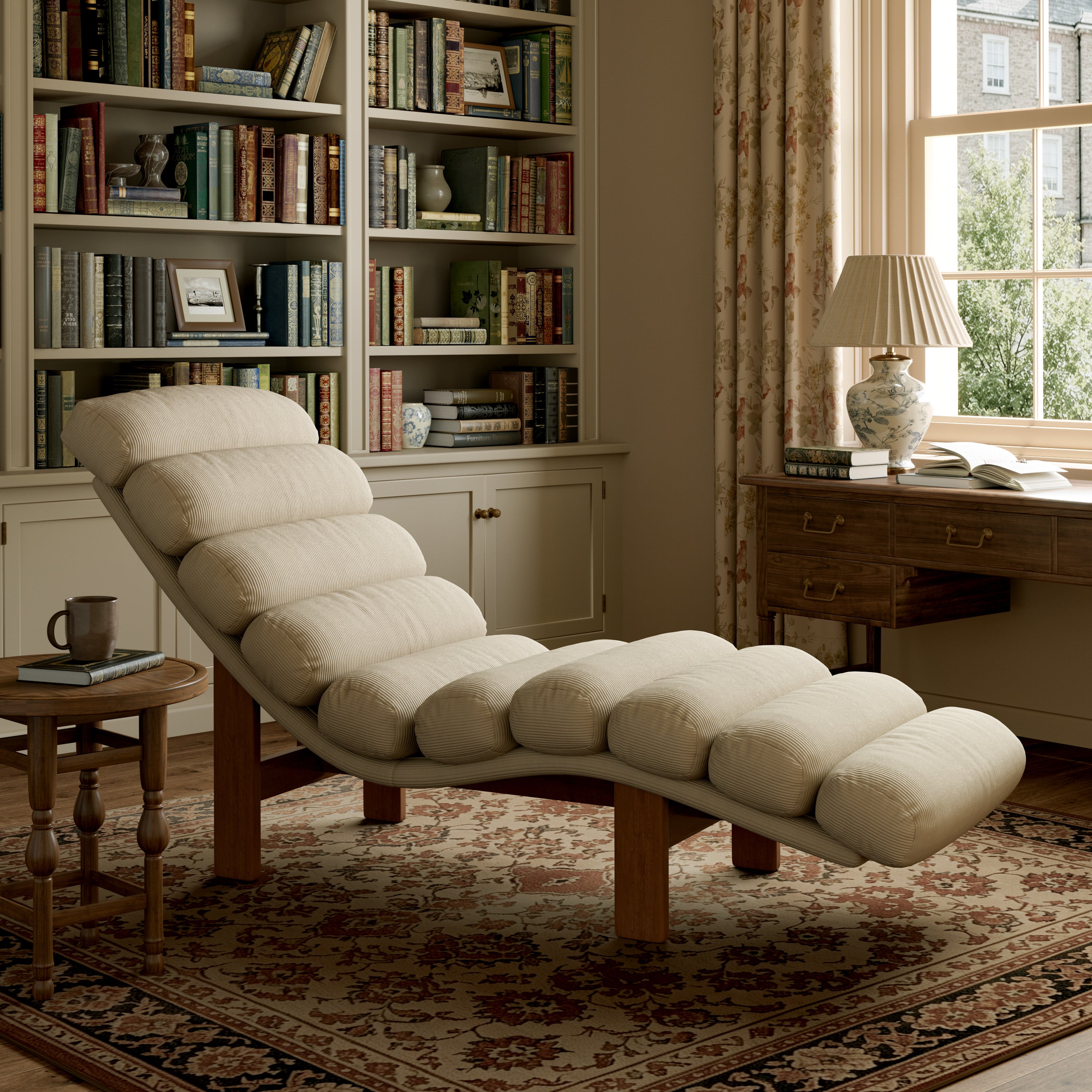 Modern Ergonomic Corduroy Chaise Lounge with Natural Wooden Frame