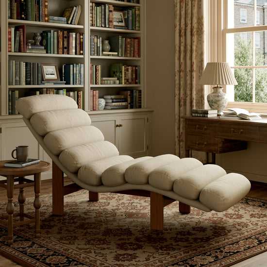 Modern Ergonomic Corduroy Chaise Lounge with Natural Wooden Frame