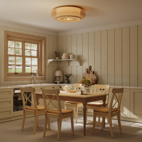 bamboo rattan ceiling light above a wooden dining table
