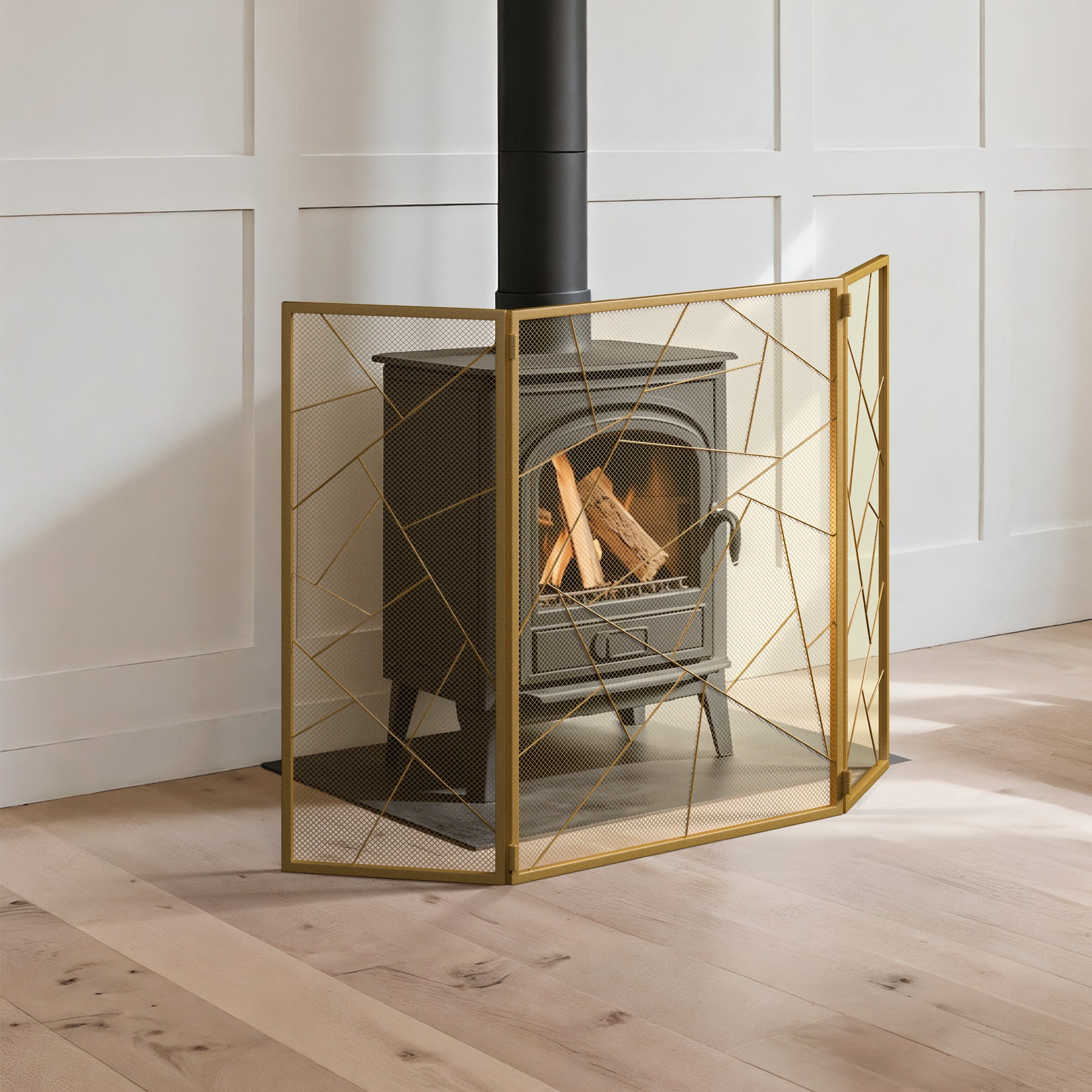Triple-Fold Iron Fireplace Screen Gold Frame – 132x1x80cm