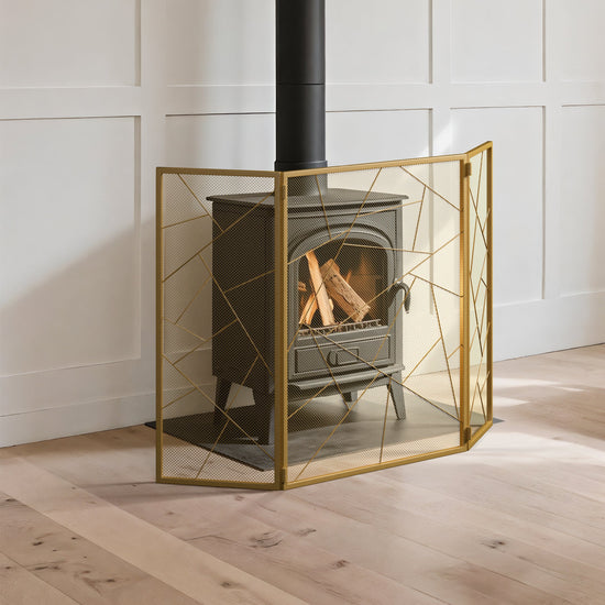 Triple-Fold Iron Fireplace Screen Gold Frame – 132x1x80cm