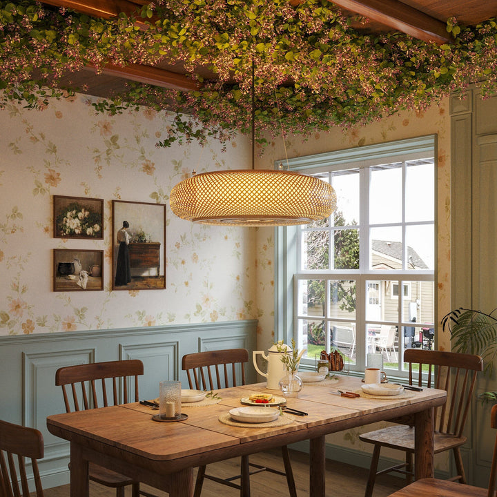 bamboo pendant light over a set dining table