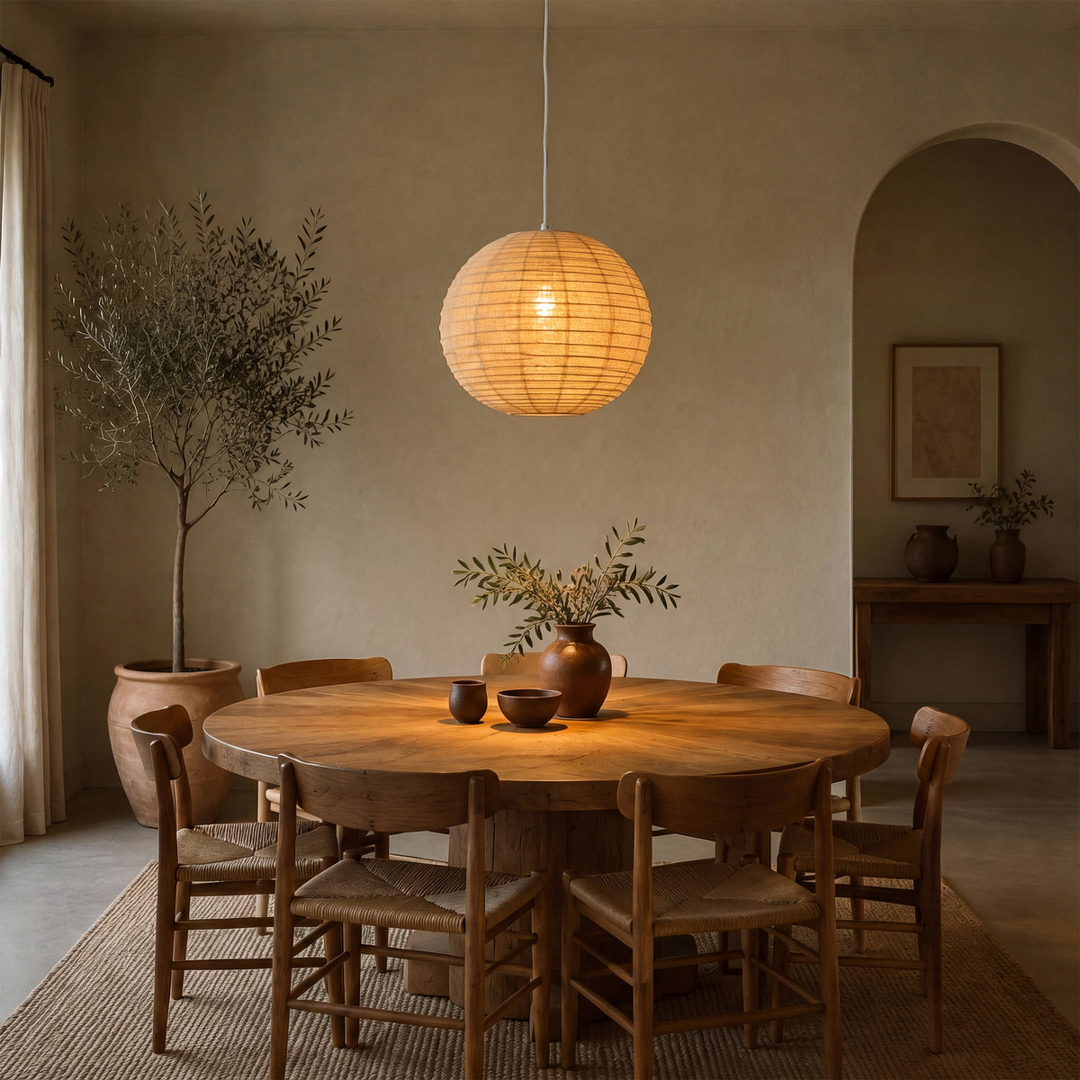 Wabi-Sabi Linen Spherical Pendant Light for Bedroom, Dining Room & Boho Interiors