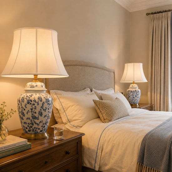 blue floral ceramic table lamp glowing on a bedroom nightstand